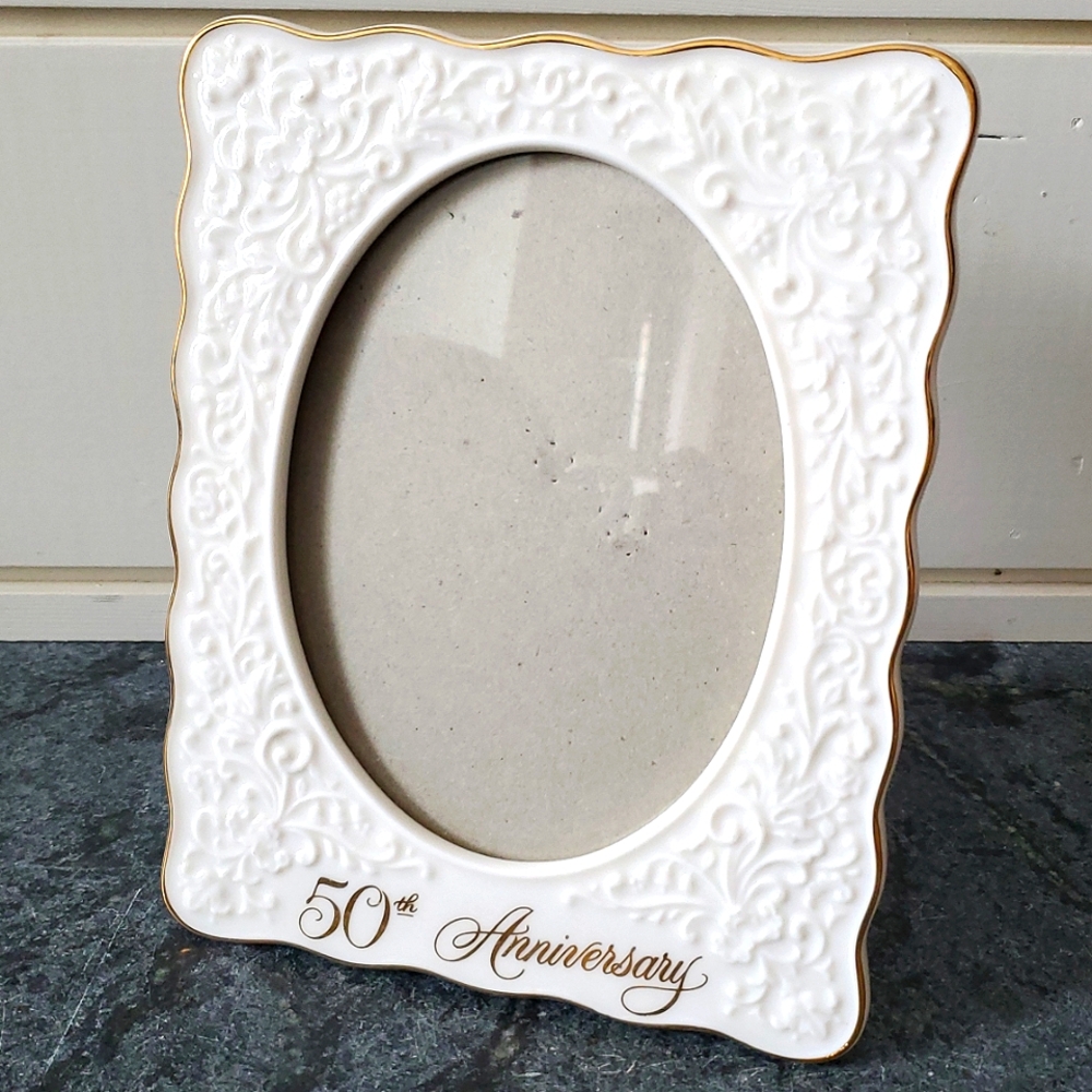 Vintage Porcelain Frame, White Gold 50th Wedding Anniversary, Hallmark Antique